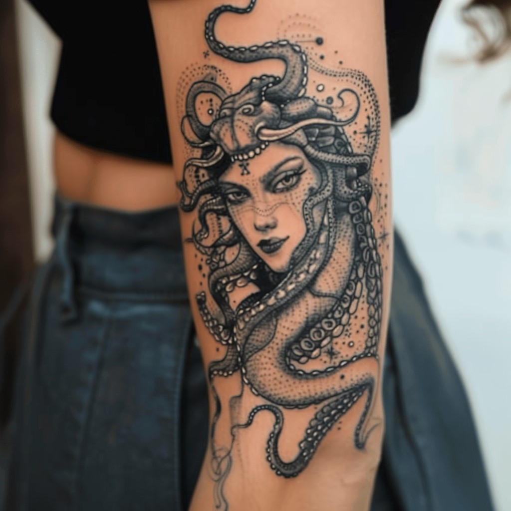 Tatouage sur le bras Médusa la Gorgone