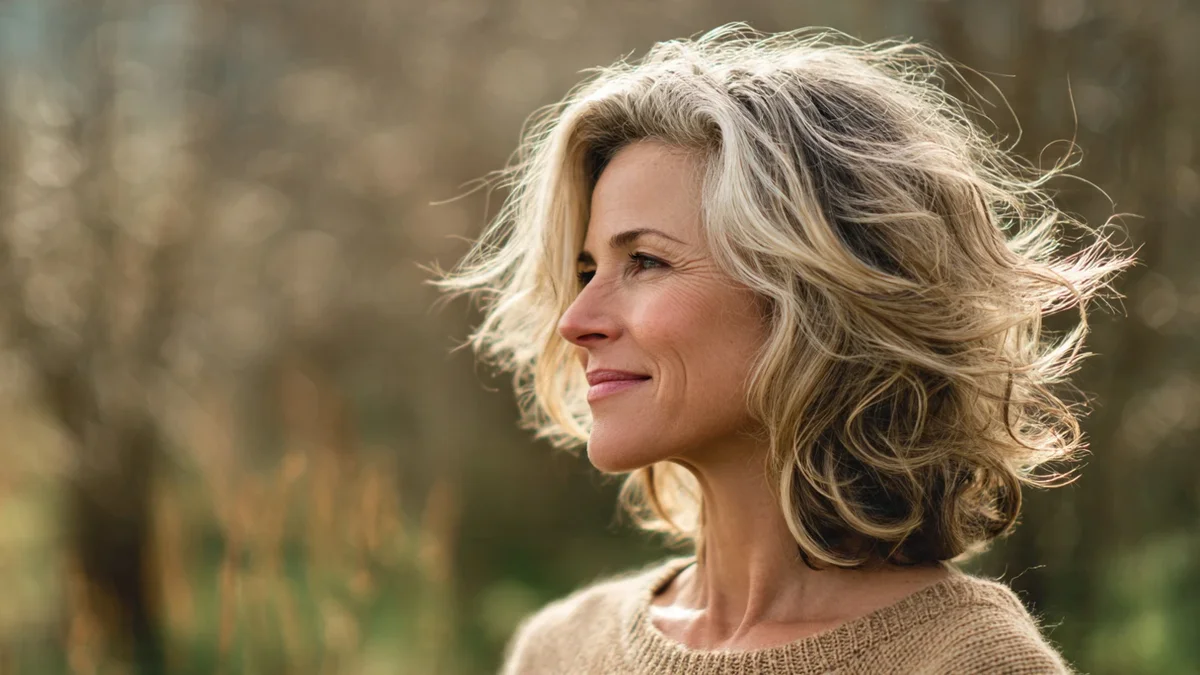 Femme avec des cheveux mi-longs en shag, affichant des couches effilées et du volume naturel