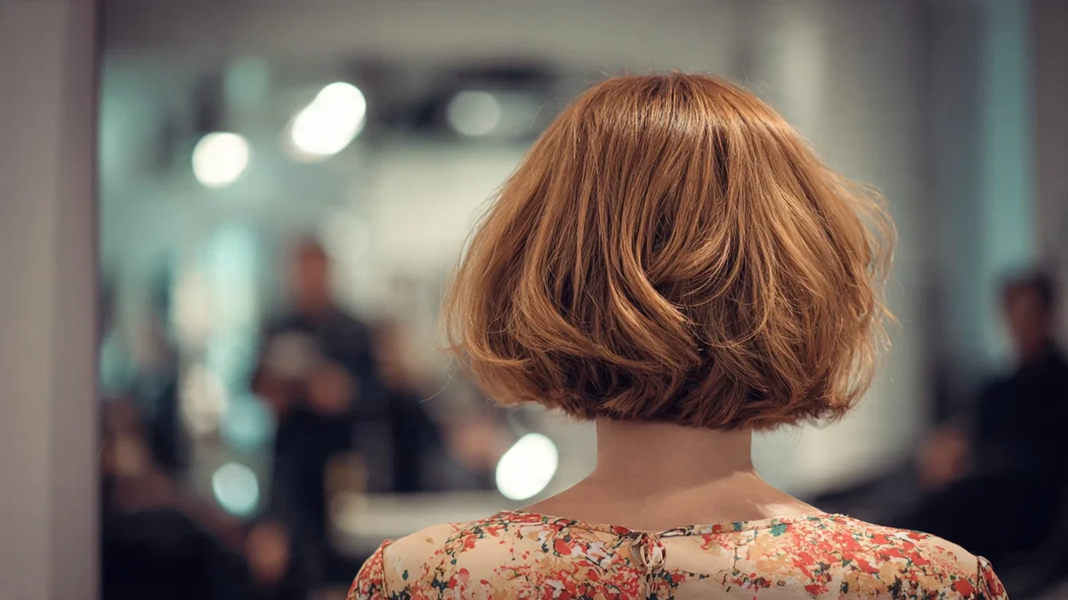 Femme avec un carré dégradé mettant en valeur ses pommettes et créant du volume pour cheveux fins