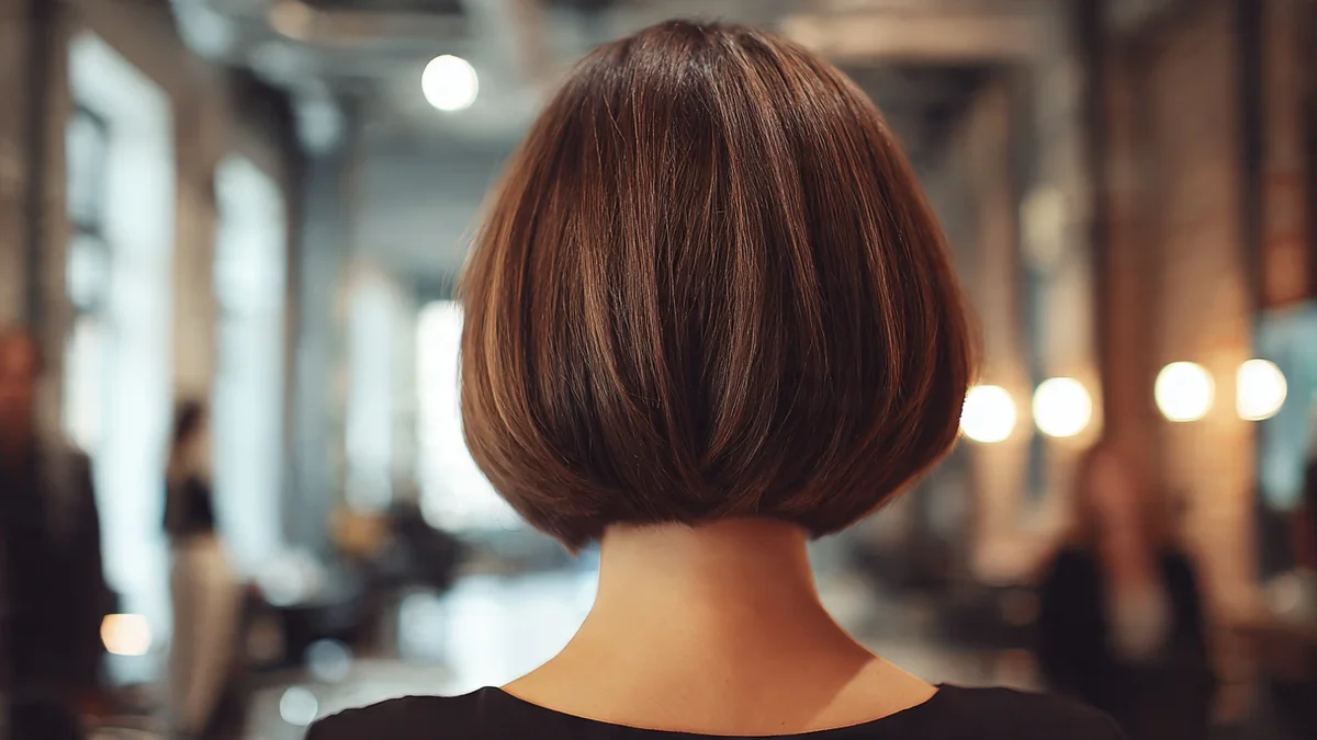 Woman with a plunge bob haircut showcasing a modern and structured style