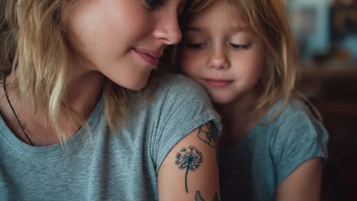 Tatouage d'une mère avec un pissenlit sur le bras et une graine portée par le vent sur le bras de la fille