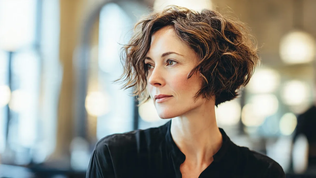 Femme avec un carré court élégant, affichant une coiffure ondulée et sophistiquée