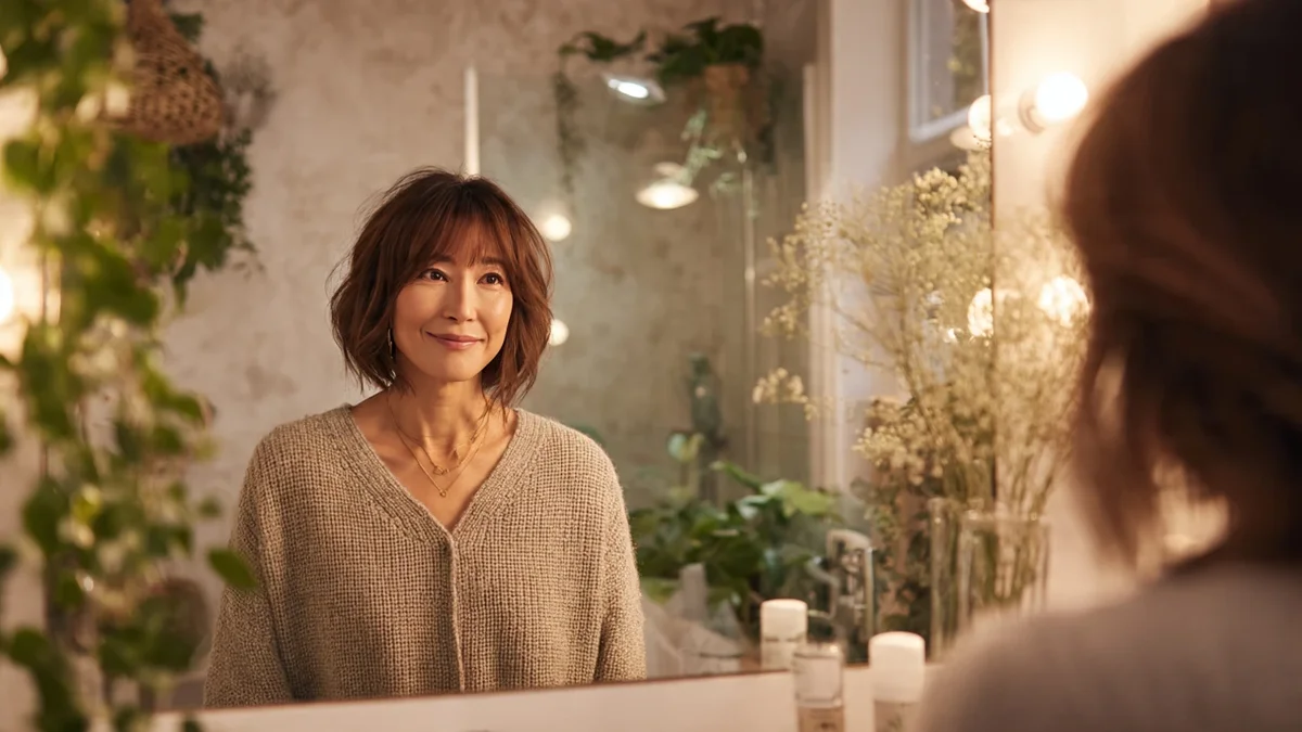 Femme avec un carré et une frange rideau mettant en valeur son visage et son style tendance