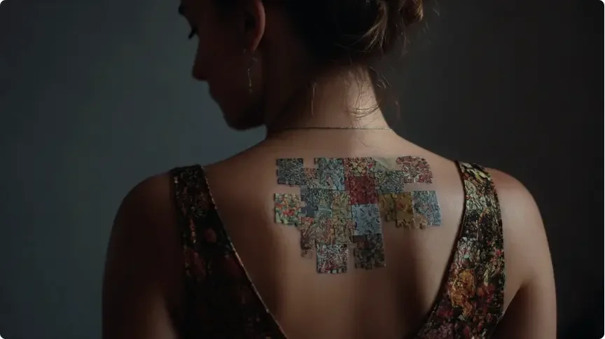Un ensemble coloré de micro-tatouages divers disposés en patchwork sur la peau