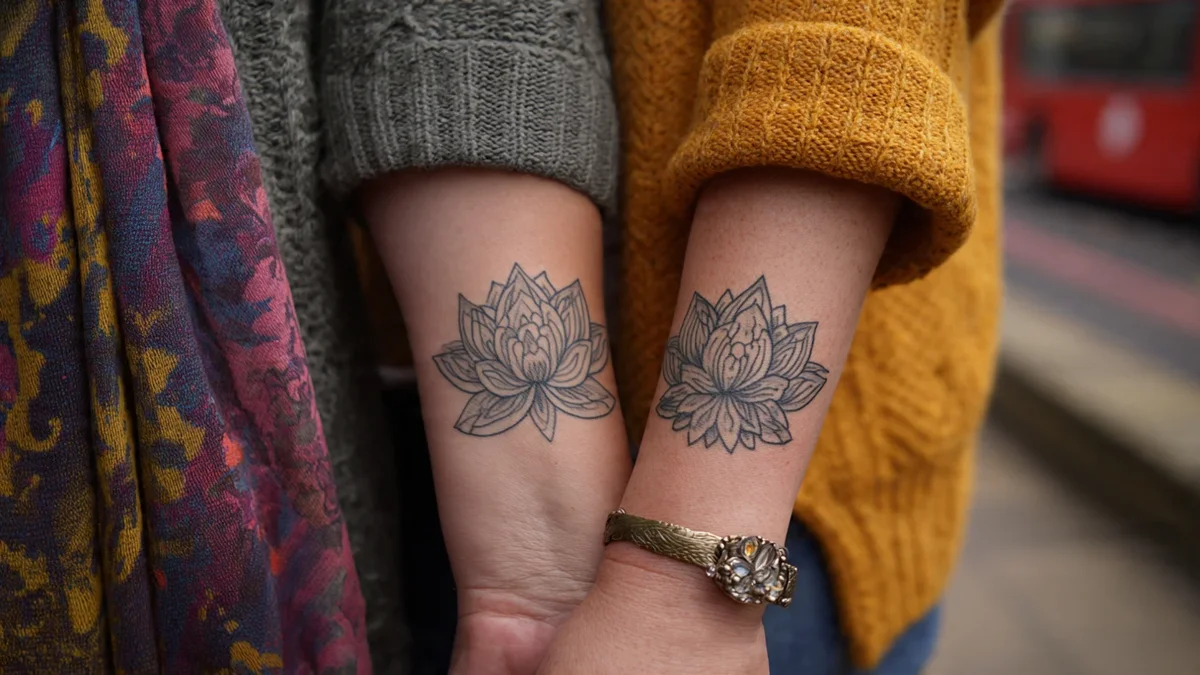 Tatouages de lotus rouge et blanc représentant l'amour maternel et la connexion spirituelle entre mère et fille