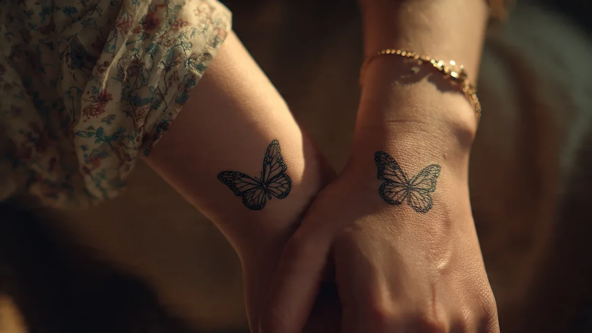 Tatouage mère-fille représentant des ailes de papillon en aquarelle colorée sur les bras