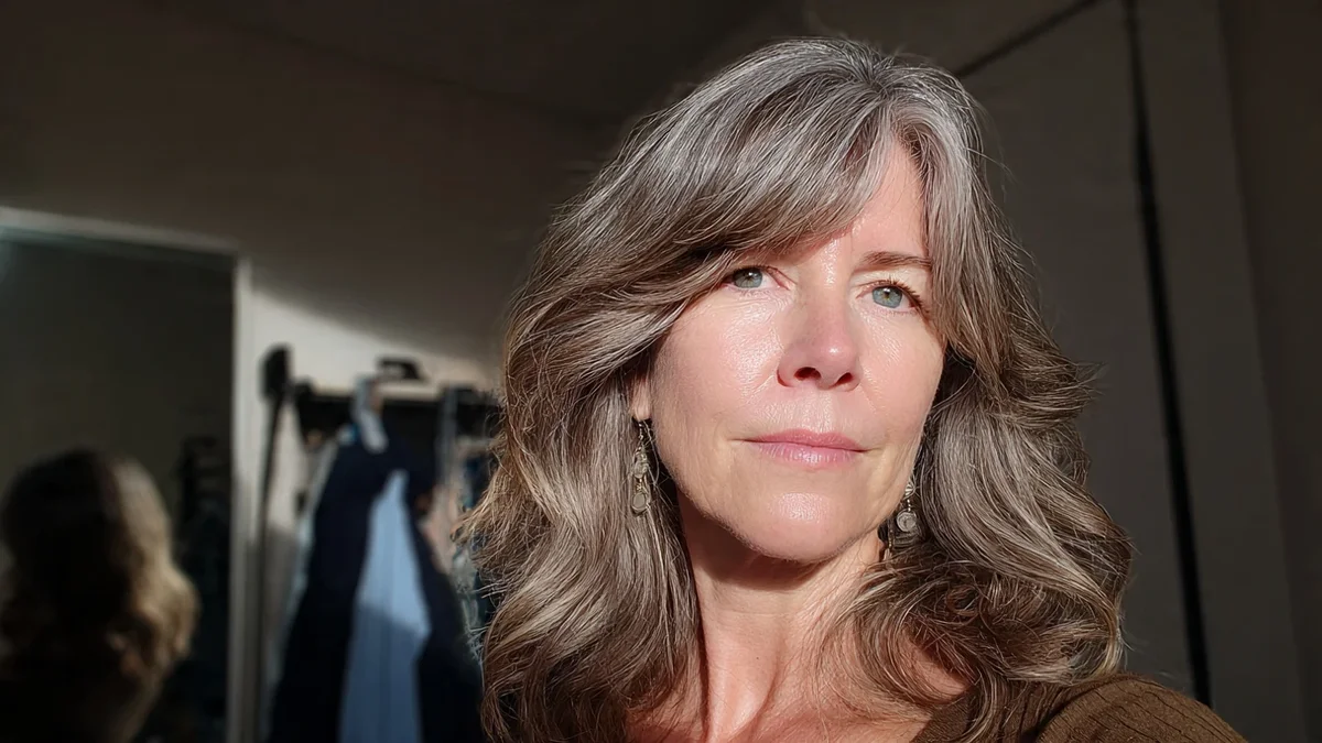 Femme affichant un lob avec frange rideau, mettant en valeur son visage avec douceur