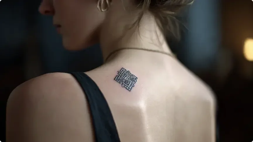 Tatouage géométrique de triangles et cercles sur une omoplate humaine