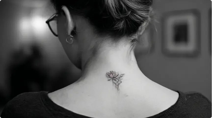 Tatouage de petites fleurs sur la colonne vertébrale d'une femme, mettant en valeur sa silhouette