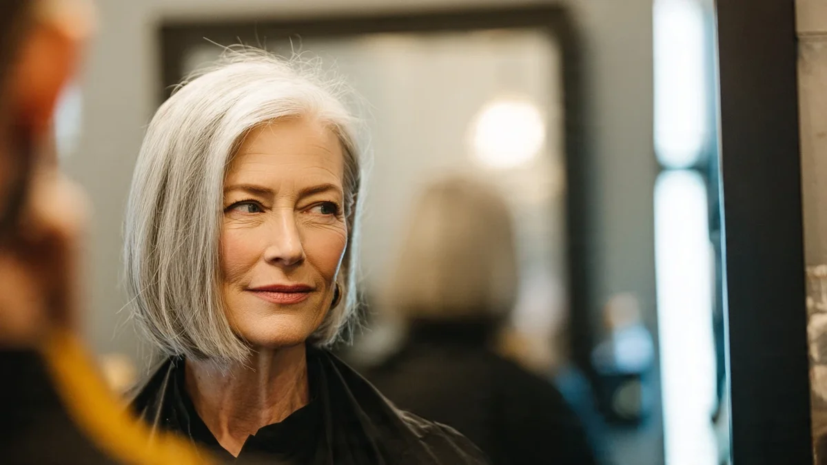 Femme âgée arborant fièrement des cheveux gris avec une coupe élégante et soignée