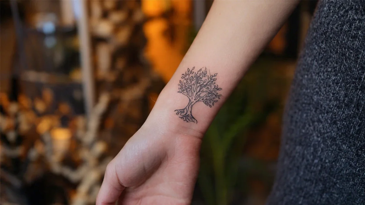 Tatouage d'un arbre de vie entouré de symboles familiaux représentant les générations d'une même lignée