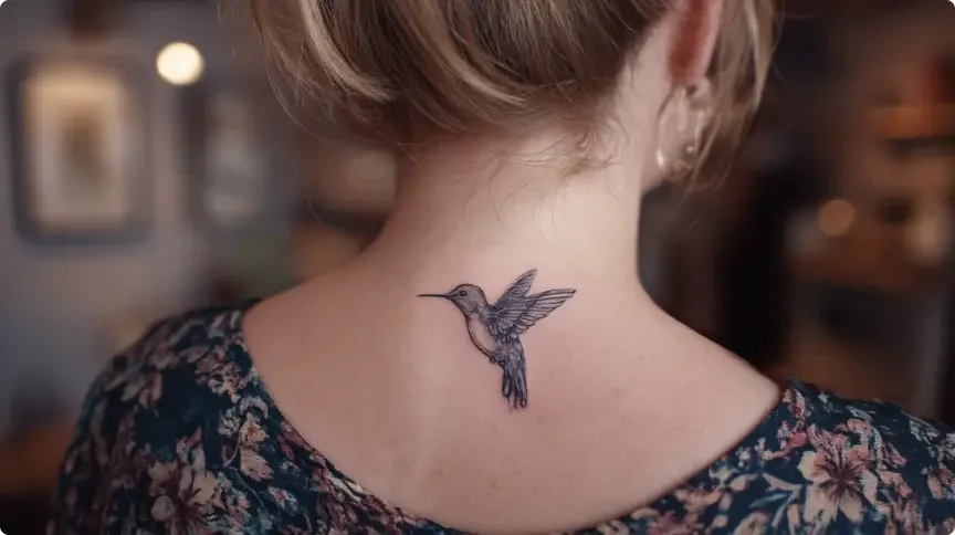Trois petits oiseaux en fine line et dotwork s'envolant sur une épaule avec une touche d'aquarelle décorative