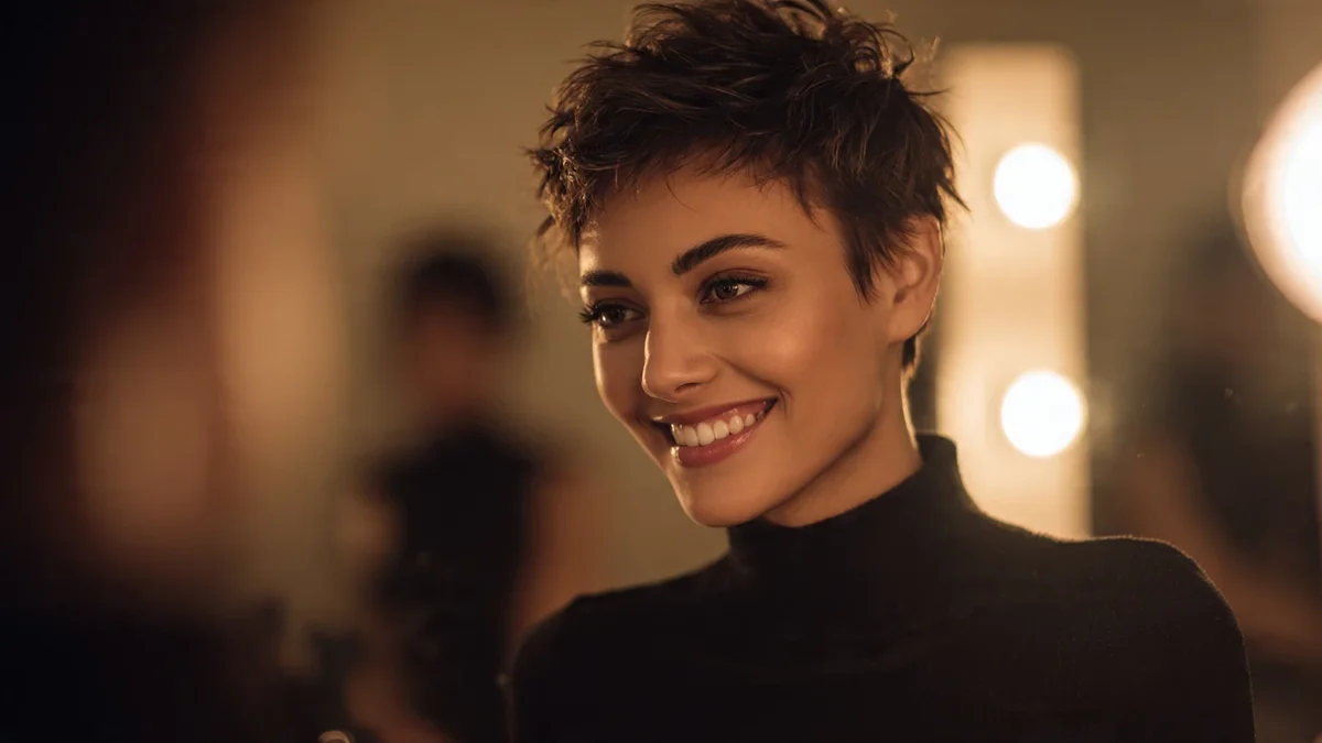Femme avec un pixie cut texturé mettant en valeur son visage et son regard lumineux