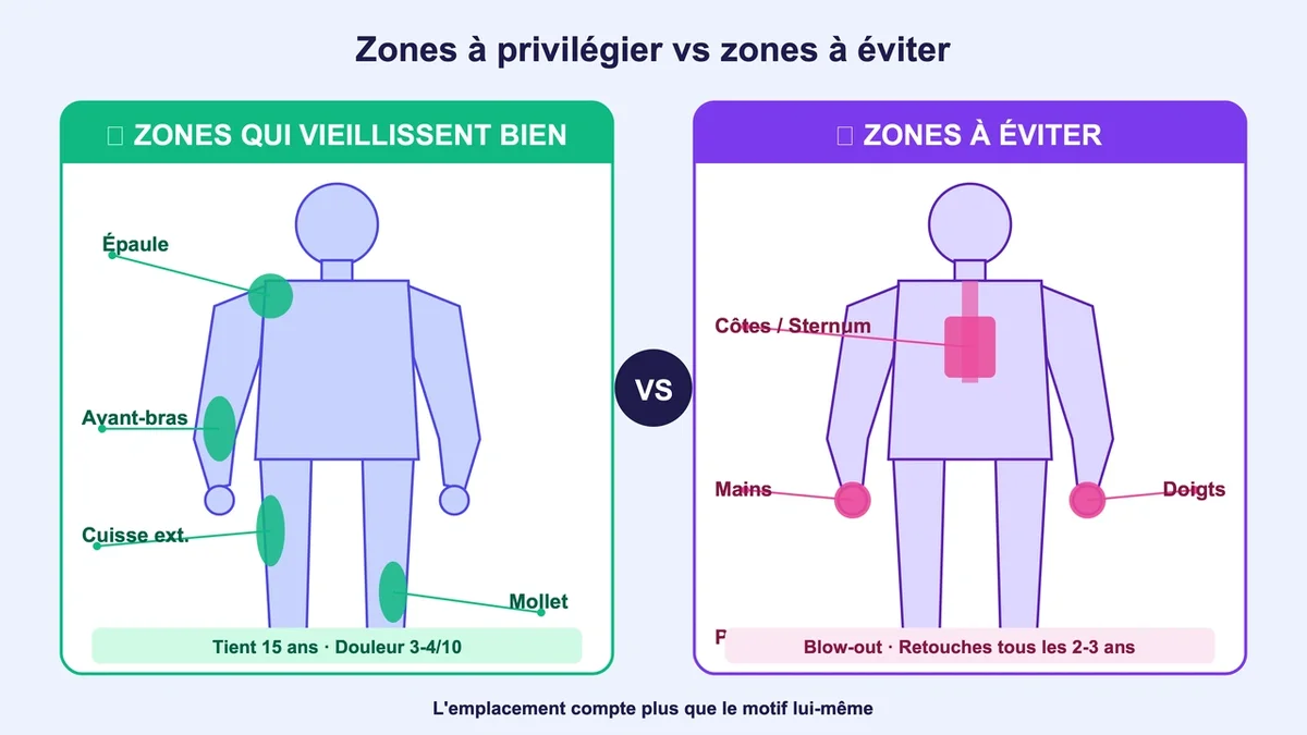 Schéma du corps humain avec zones de tatouage durables et à éviter mises en évidence