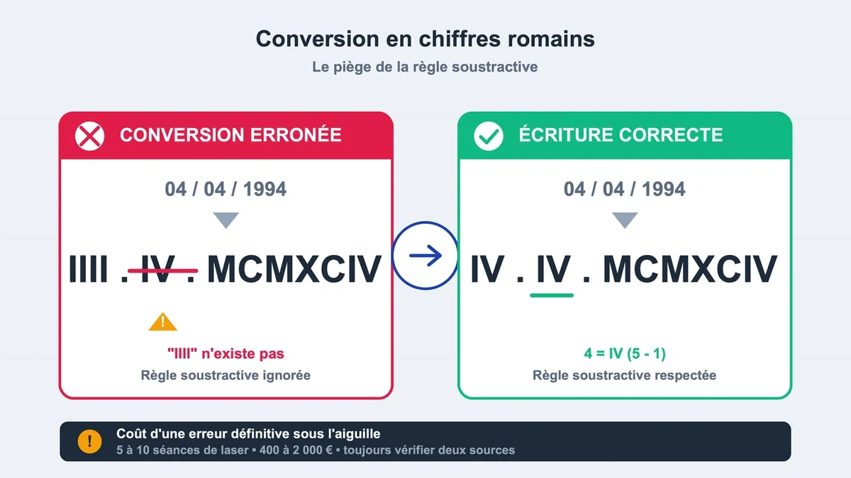 Chiffres romains erronés avec des signes d'alerte illustrant les risques de tatouagesincorrects