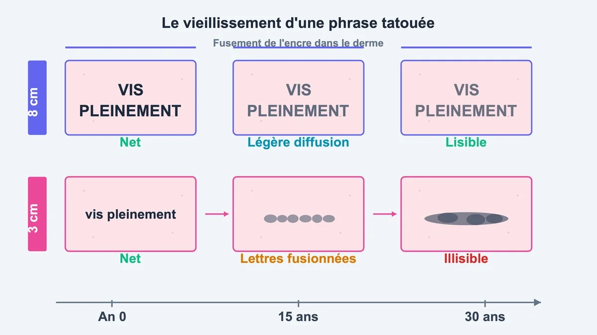 Comparaison visuelle d'un tatouage de citation de 8 cm et d'un micro-tatouage de 3 cm vieillissant