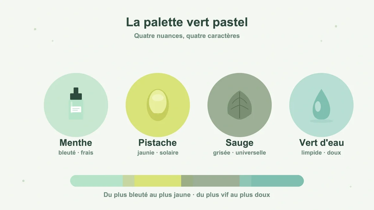 Palette de couleurs vert pastel avec formes abstraites représentant manucure tendance