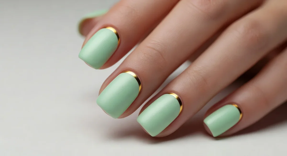 Main avec ongles verts pastel décorés d'une fine bande dorée brillante sur un fond neutre