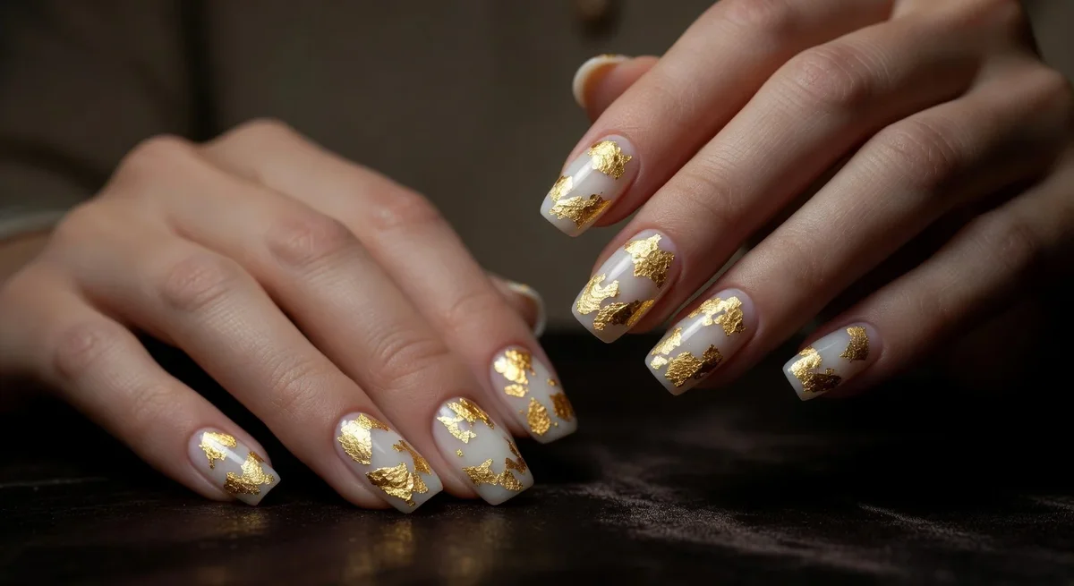 Mains élégantes avec des ongles en manucure laiteuse ornés de copeaux de feuille d'or brillants