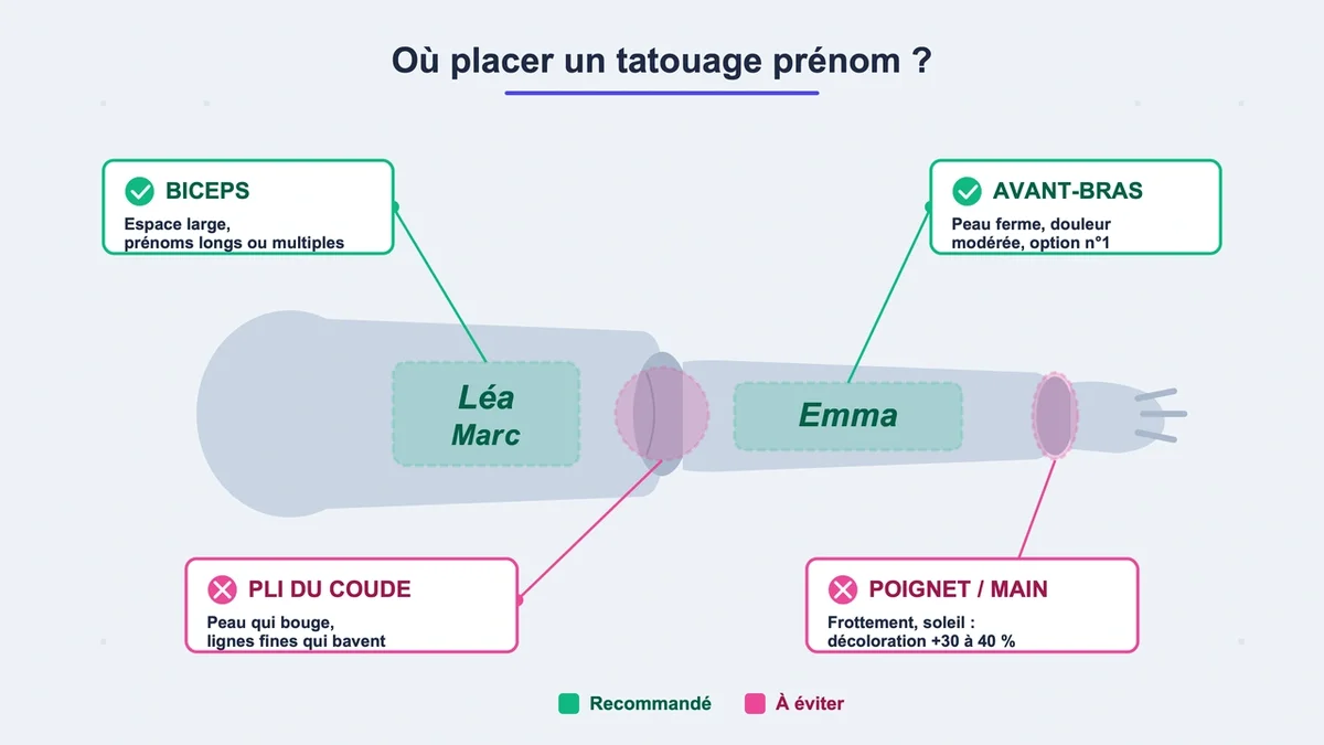 Tatouage de prénom sur un avant-bras mettant en valeur l'emplacement idéal pour ce type de design