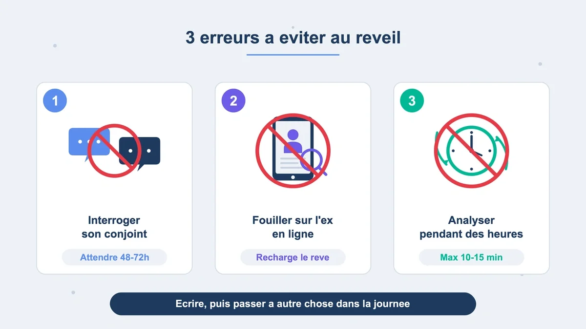 Pictogrammes illustrant les comportements à éviter après un rêve troublant sur son partenaire