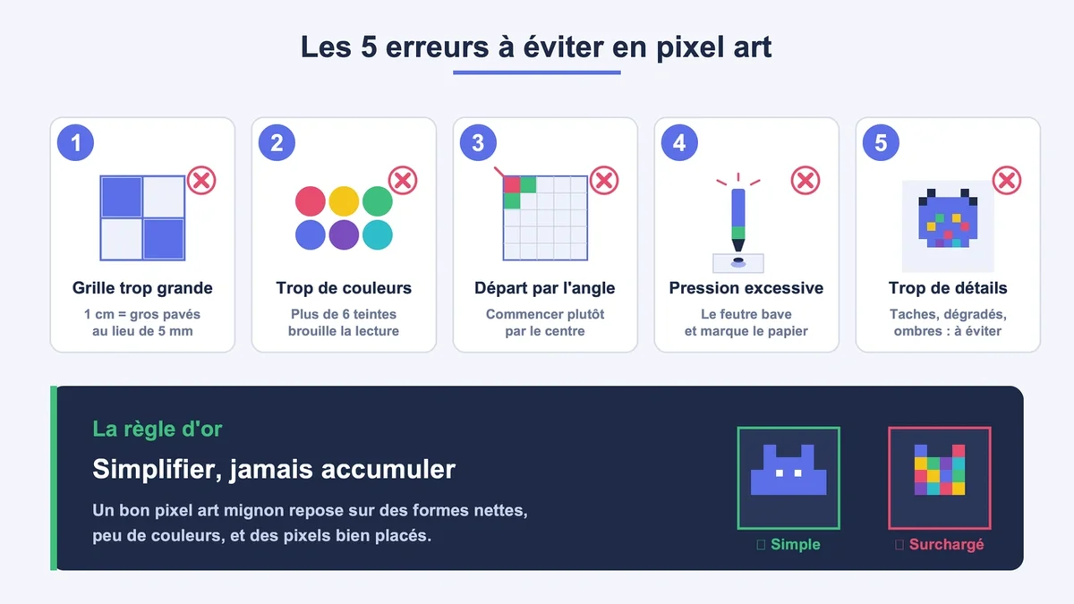 Schéma des cinq erreurs courantes en pixel art avec pictogrammes explicatifs
