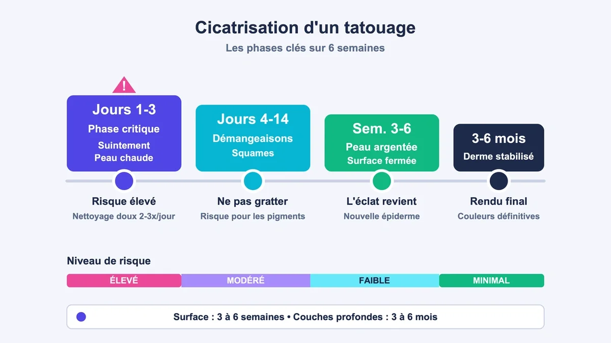 Diagramme des étapes de cicatrisation d'un tatouage avec jours critiques identifiés