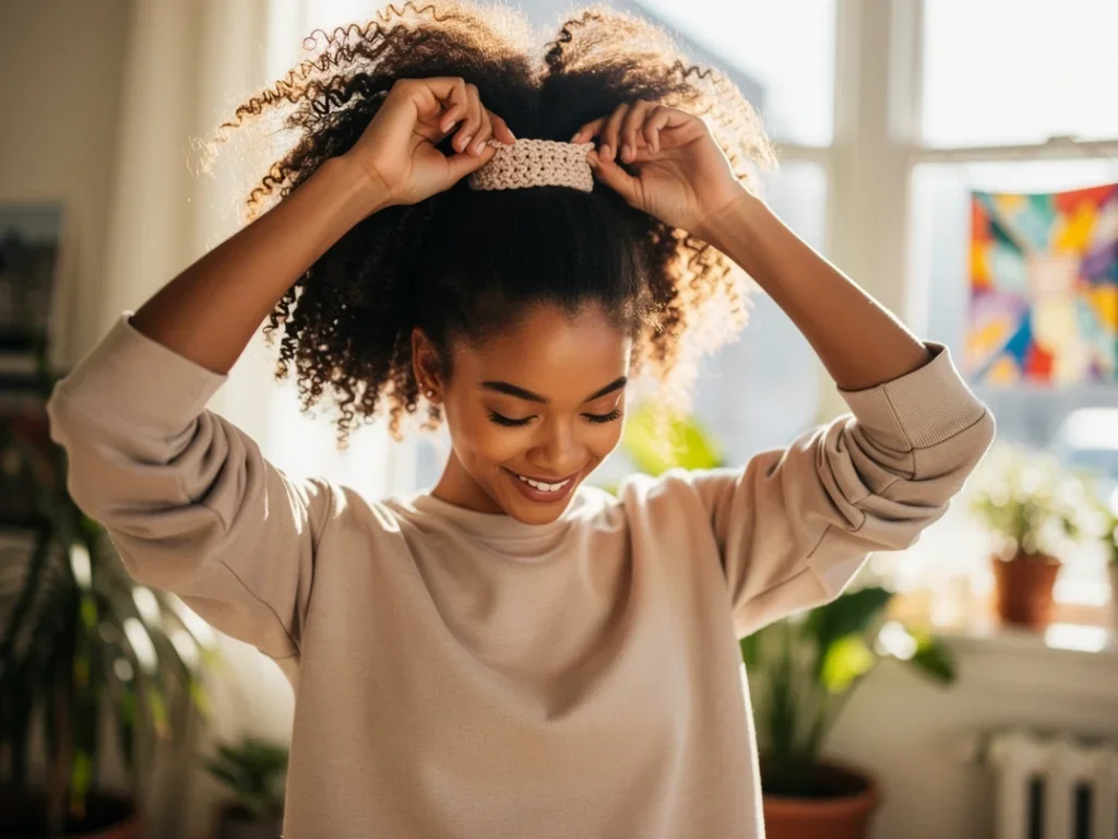 Femme aux cheveux bouclés nouant sa coiffure avec un élastique crochet dans un cadre lumineux et joyeux