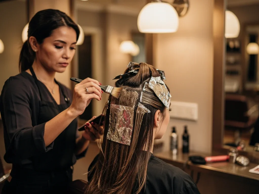 Coiffeur en train d'appliquer de la couleur sur les cheveux d'une cliente dans un salon chaleureux