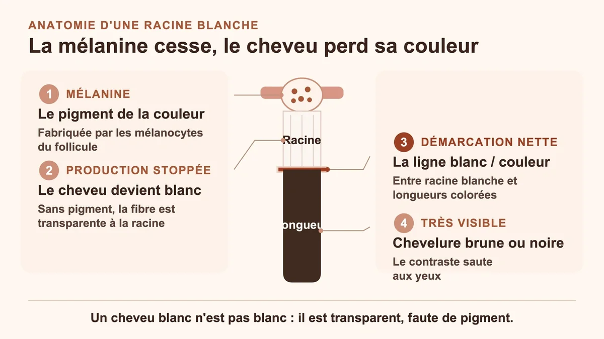 Démarcation entre racines blanches et longueurs colorées sur une chevelure brune