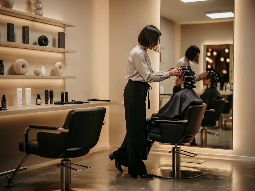Coiffeur en train de réaliser une permanente dans un salon au design luxueux et éclairage doux