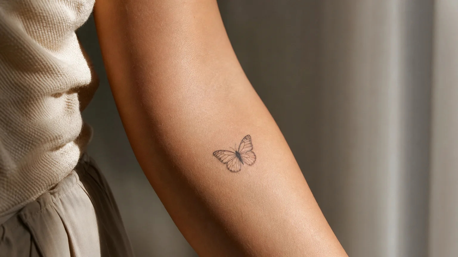Petit tatouage papillon en trait fin sur l'intérieur d'un avant-bras