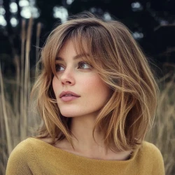 femme avec une coiffure carre avec une frange rideau