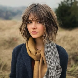 femme avec une coiffure carre avec une frange rideau