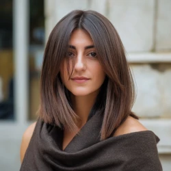 femme avec une coiffure carre avec une frange rideau