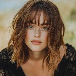 femme avec une coiffure carre avec une frange rideau