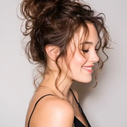 cheveux bouclés - chignon-haut