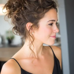 cheveux bouclés - chignon-haut